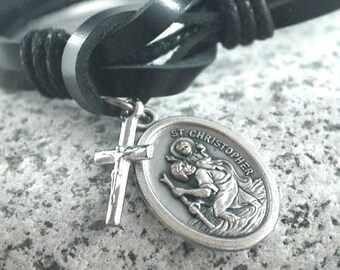 St Christopher cross Leather bracelet, Saint Christopher bracelet Catholic / Safe Travel bracelet silver cross Confirmation Gifts Gift idea