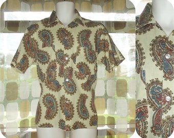 Vintage 60s Men's Linen Shirt | Flax Tan Paisley Print | Manhattan Man-Prest | 60s Mens Fashion | Tab Collar Cabana Shirt | 15- 151/2