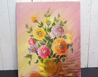 Zinnia Flower Canvas Oil Painting Bright Bouquet of Flowers - 16 x 20