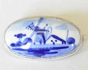 SALE Vintage Sterling Silver Delft Porcelain Blue Painted Windmill Scene Oval Style Pin Brooch