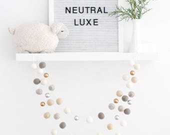 Neutral Luxe Christmas Garland- Silver Gold Cream Farmhouse Decor- Mantle Decor- Pom Pom garland- Christmas Mantle decoration- silver gold