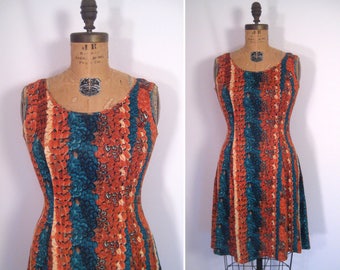 1970s feather print day dress • 70s abstract animal print summer dress • vintage get out of town dress