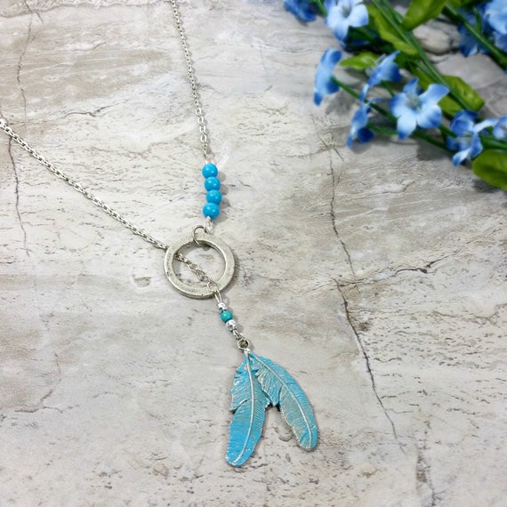 Blue Feather Necklace Feather Lariat Necklace Feather