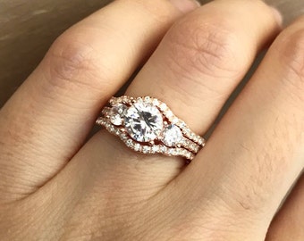 rose gold bridal set ring three stone engagement ring set matching band promise ring - Engagement Rings And Wedding Rings rose gold bridal set ring three stone engagement ring set matching band promise ring - Engagement Rings And Wedding Rings