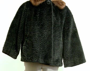 FREE SHIPPING! Russel Taylor faux Persian lamb jacket with real mink collar size Small