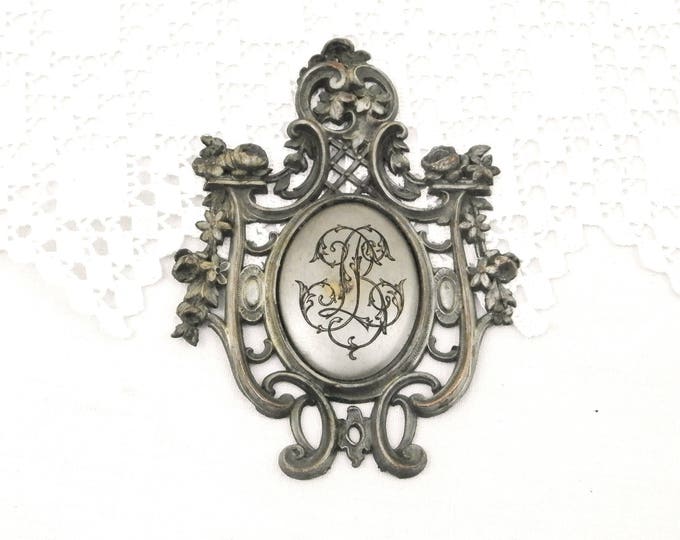 Vintage Ornate Neo Classical Silver Plated Cast Metal Plaque with Engraved Monogram L B, French Metal Decorative item with the Letters L B