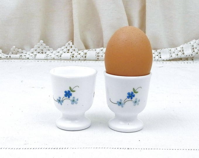 Pair 1970s Vintage French Matching White Milk Glass With Blue Flower Pattern Arcopal Egg Cups, Retro Breakfast Tableware from France