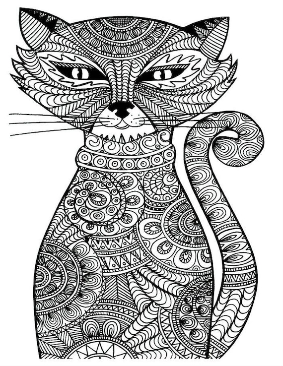 Download Adult Coloring Page Printable Geometric Cat Design Digital