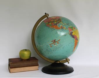 Vintage 1940s Replogle 12" World Reference Globe on Metal Stand, Replogle Table Top World Globe