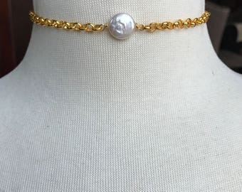 White Freshwater Coin Pearl Choker on Gold Plated Chain