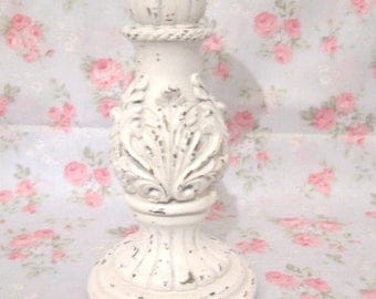Shabby Ornate Carved Flourishes White Chippy Distressed Pillar Candle Holder Chic Victorian Cottage