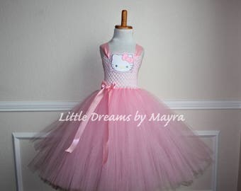 Pink Hello Kitty inspired tutu dress and matching bow, Hello Kitty birthday party inspired tutu dress size nb to 14years