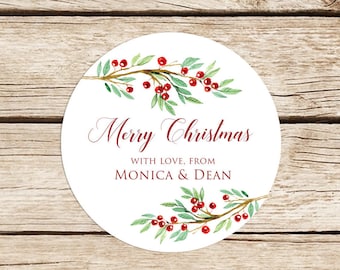 Christmas Labels, 2 Inch Christmas Stickers, Custom Christmas Stickers, Floral Christmas Labels