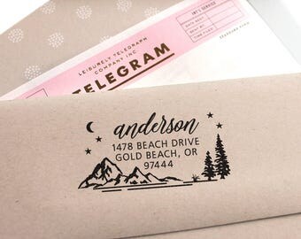Address Stamp - Custom Address Stamp with Mountains, wedding, housewarming, christmas gift, rubber stamp, return address stamp, self inking