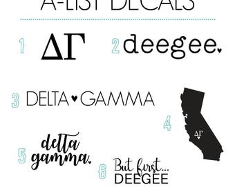Delta Gamma Decal Pack / Delta Gamma Stickers / Delta Gamma Sorority Decal Set of 6 / DeeGee Car Decal / Laptop Decal / DG Decal Pack