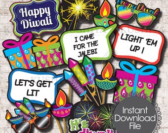 Diwali Party Photo Booth Props - Set of 14 - Diwali Celebrations, Indian Party Signs, Instant Download, Printable, Print your own, DIY