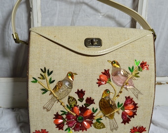 Vintage 1960s Enid Collins Style Jeweled Floral Bird Box Bag
