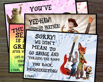 DIY Mousekeeping Envelopes { or 5x7 notes } DIY Mousekeeping Disney Vacation Tips Cards Notes Music Zootopia Mermaid Tiana Woody Mickey