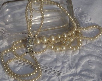 Vintage Triple Strand Faux Pearl Necklace with rhinestone & white metal clasp