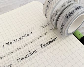 Bullet Journal Washi Tape Set - Days of The Week- Months of the Year - Numbers 1-31 - Dates - Monochrome - Typewriter Font - 7 metres each