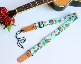 Ukulele strap (ribbon lei flower included)/ Mint green hula girl B / hawaiian fabric /ukulele accessory / instrument strap