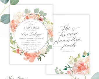 Floral Girl's Baptism Invitation, Scripture: Blush Pink, Peach, White Garden Florals & Greenery, Modern - Printed or Printable - Cora