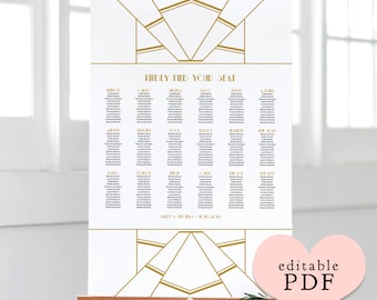Gold Art Deco table seating plan template. Tables or Alphabetical. Editable PDF. Edit in Acrobat Reader. 4 sizes: A1, A2, 18x24, 24x36