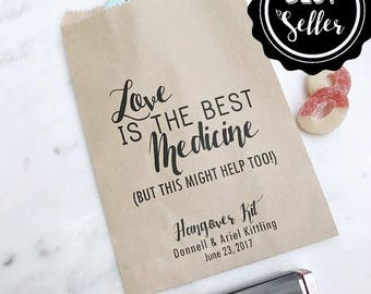 Wedding Hangover Kit Bags! - Love is the Best Medicine - Favor Bags - Custom Printed on Kraft Brown Paper Bags