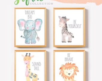 Safari Nursery Decor, Safari Nursery Wall Art, Nursery Print Set, Nursery Set, Baby Animal Paintings, Jungle Animals, Nursery Animal Art