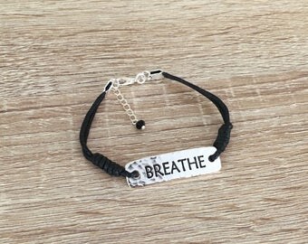 Breathe Bracelet, Yoga Jewelry, Word Jewelry, Meditation Bracelet, Charm Cord Bracelet, Zen, Antique Silver Bar