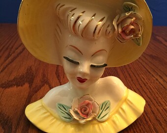Lady Head Vase Wall Pocket Yellow Picture Hat with Gold Gilt Trim Pink Rose Details 6.5 Inches Yellow Ruffle Planter