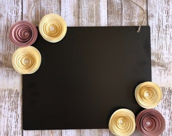 Decorative Chalkboard - Girl's Room Decor - Hanging Chalkboard - Peach Paper Flower Chalkboard - Yellow Paper Flower Chalkboard -