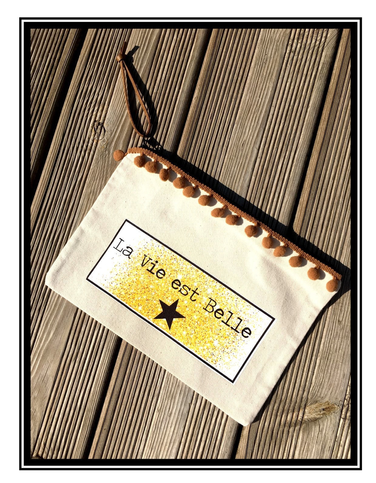 Zippered bag "Life is beautiful" Star Black Black star gilded gold quote quote french handmade