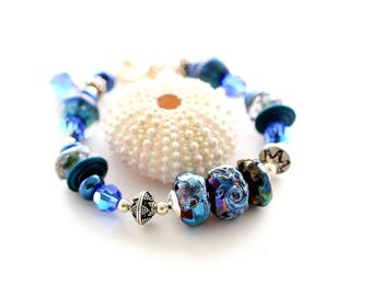 Cobalt Blue Bracelet. Iridescent Glass Bead Bracelet. Dark Blue Glass Beads. Swarovski Crystals. Bali SS Beads. Lampwork Bead Jewelry.