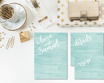 Aqua Watercolor Wedding Invitation Suite