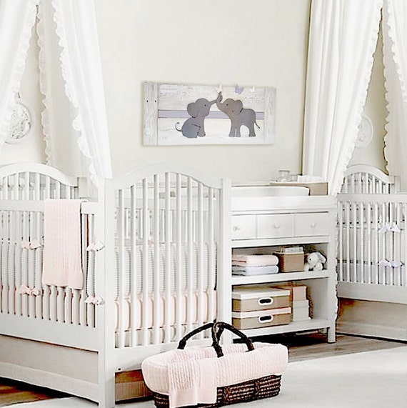 Elephant Twin Nursery Wall Art Baby room decor Whitewash