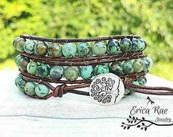 african turquoise leather wrap bracelet, beaded wrap bracelet, leather bracelet, gemstone leather wrap bracelet, tree of life boho bracelet