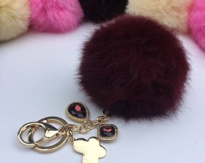 Customer request inspired BURGUNDY fur pom pom keychain Rabbit real fur puff ball