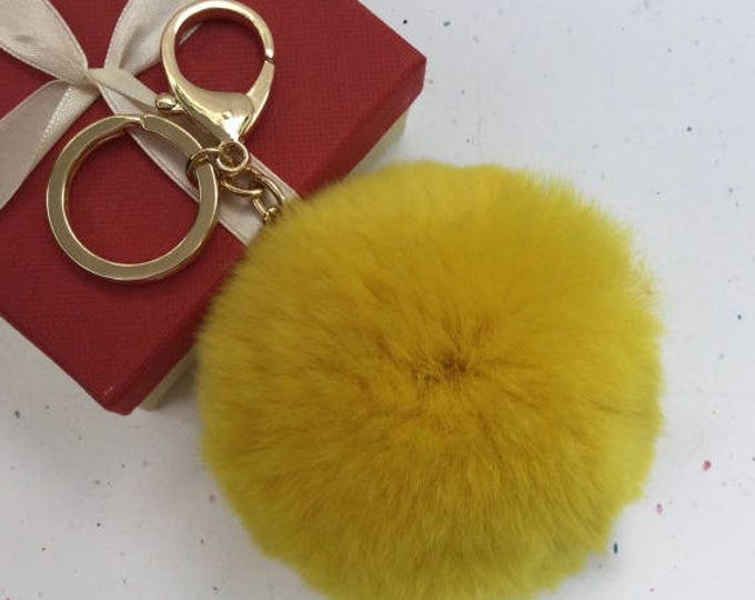 Fur pom pom keychain keyring fur ball bag charm Rex Rabbit Fur yellow
