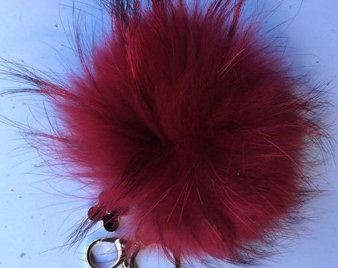Raccoon Fur Pom Pom luxury bag pendant + flower keychain ring chain bag charm in red with natural black markings
