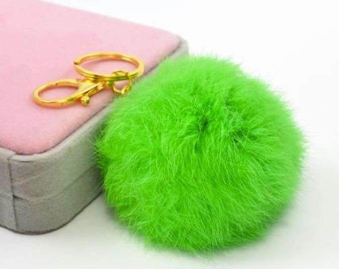 Darker Neon Green Cute Genuine Rabbit fur ball plush pom pom key chain for car key ring Bag Pendant