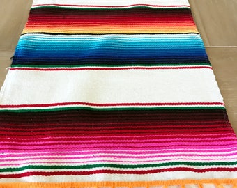 Mexican Serape table runner, Southwestern decor, tribal party decor, Fiesta decorations, striped rainbow white, pompoms OPTIONAL
