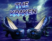 The Kraken Heels Custom Hand Sculpt Paint Black Blue Shoe Size 3 4 5 6 7 8 High Wedge Sea Abyss Creature Monster Mythical Octopus Squid