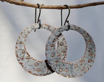 Hoop earrings, Copper hoops, Vintage patina earrings, Sterling silver ear wire, Patina jewelry, Hammered earrings, Rustic dangles, Handmade