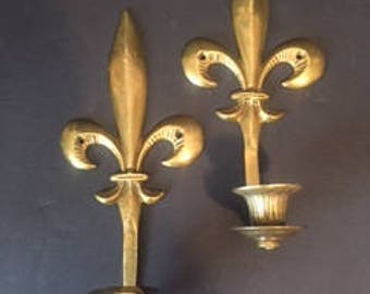 Pair of RARE Virginia Metal Crafters #2612 Flur de Lis Brass Candle Sconces