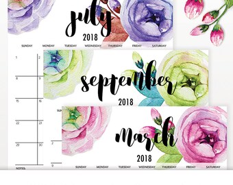 2018 Calendar, Printable 2018 Calendar, Calendar Printable 2018, Flower Calendar, Printable Calendar