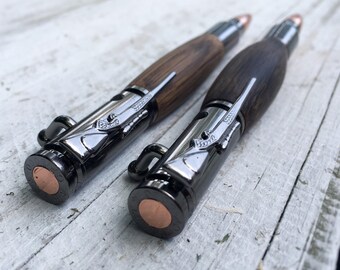Wood Bullet Pen Hand Crafted Wood, Oak, Tiki, Cedar, or Burnt Oak; Silver Gold Gunmetal or Matte Black, Custom Made to Order, Military Gift