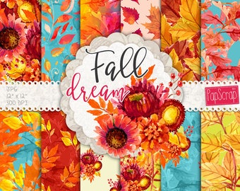 Watercolor autumn digital paper : "Fall Dream" digital floral paper with orange, yellow and blue, fall papers, decoupage paper,
