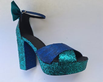blue and green sequin heels