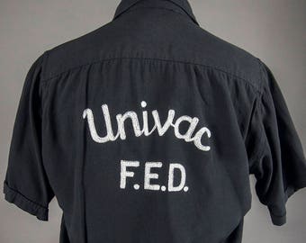 Vintage 60's Men's Bowling Shirt , Vintage 50's Bowling Shirt, Vintage Shirt by King Louie Ten Strike, "UNIVAC F.E.D."